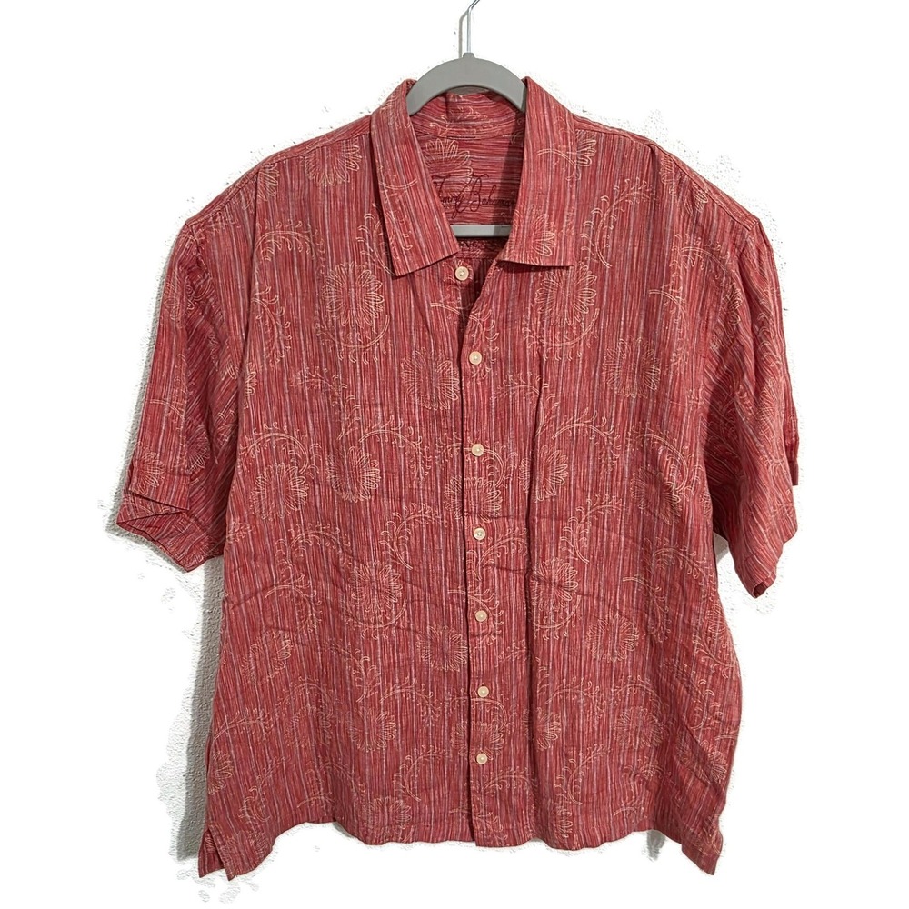 Cuba Vera Mens 2XL XLX Red Floral Linen Embroidered Short Sleeve Button Shirt